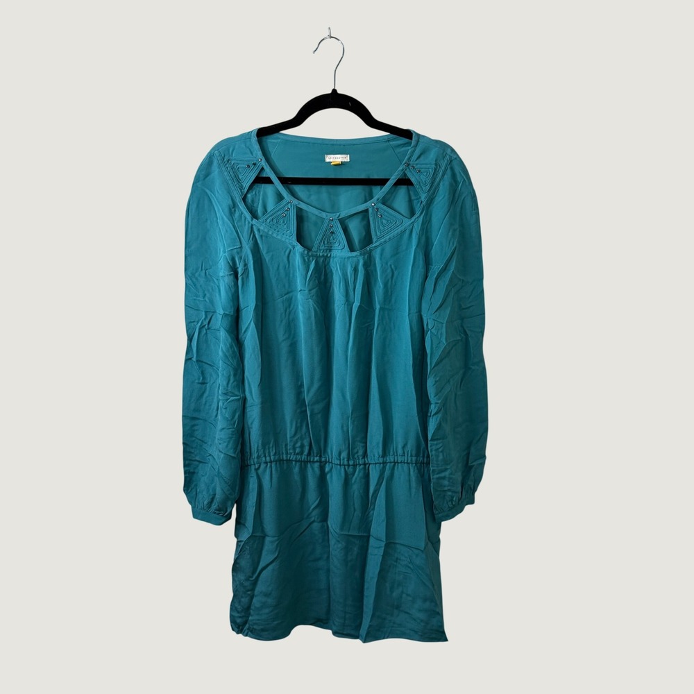 Leifsdottir Anthropologie Boho Peasant Tunic 100% Silk Dress Teal Embroidered 6
